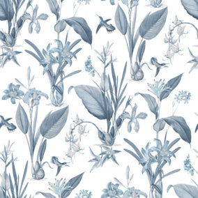 Galerie Secret Garden White/Blue Botanical Floral Wallpaper Roll