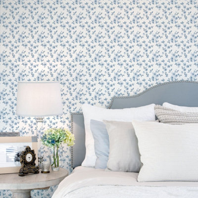 Galerie Secret Garden White/Blue Delicate Flower Trail Wallpaper Roll