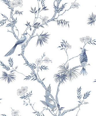 Galerie Secret Garden White/Blue Garden Bird Trail Wallpaper Roll