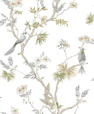 Galerie Secret Garden White/Neutral Garden Bird Trail Wallpaper Roll