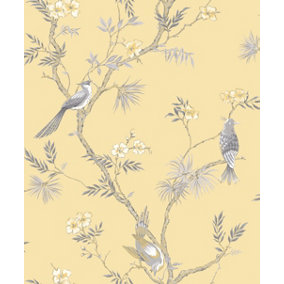 Galerie Secret Garden Yellow/Grey Garden Bird Trail Wallpaper Roll