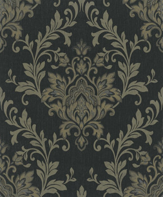 Galerie Serene Collection Metallic Black Ornamental Damask Wallpaper Roll