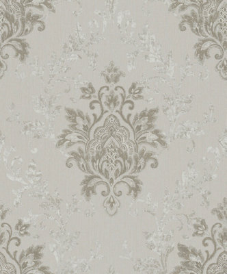 Galerie Serene Collection Metallic Cream Ornamental Damask Wallpaper Roll