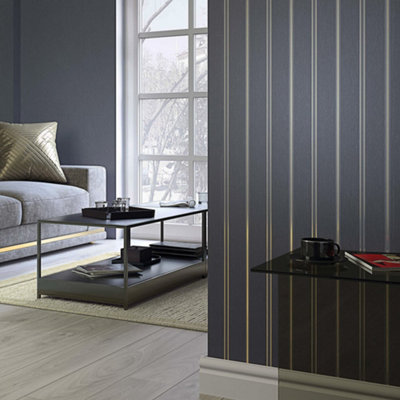 Galerie Serene Collection Metallic Glitter Black Traditional Stripe Wallpaper Roll