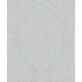 Galerie Serene Collection Metallic Grey Art Nouveau Large Ogee Damask Wallpaper Roll