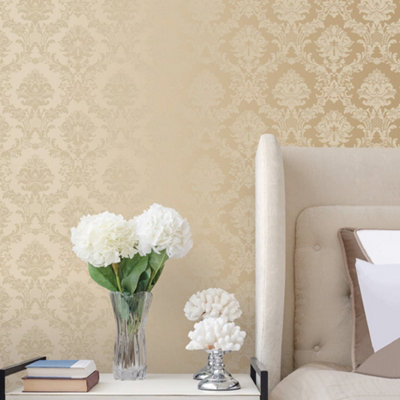 Galerie Simply Silks 4 Warm Metallic Gold Classic Damask Embossed Wallpaper