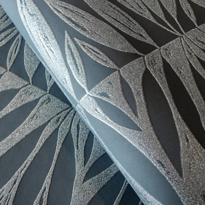 Galerie Slow Living Night Blue Passion Leaf Stripe 3D Embossed Glitter Wallpaper Roll