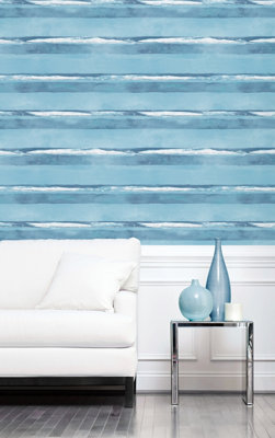 Galerie Smart Stripes 2 Blue Watercolour Stripe Smooth Wallpaper