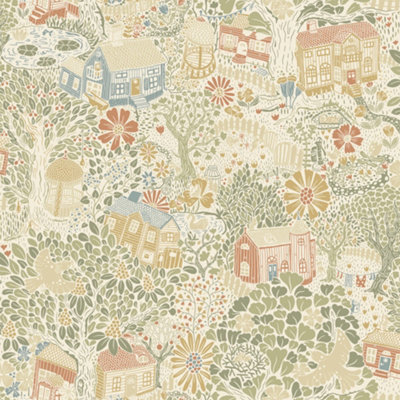 Galerie Sommarang 2 Green/Yellow Bygga Bo Scandinavian Village Wallpaper Roll