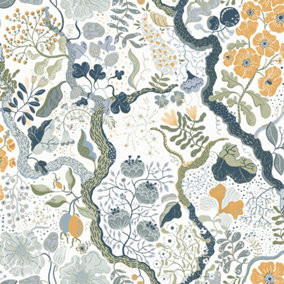 Galerie Sommarang 2 White/Orange/Blue Ann Floral Vine Wallpaper Roll