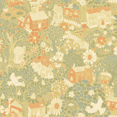 Galerie Sommarang 2 Yellow Bygga Bo Scandinavian Village Wallpaper Roll ...