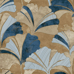 Galerie Stratum Collection Metallic Blue/Gold Ginko Leaf Double Width Wallpaper Roll