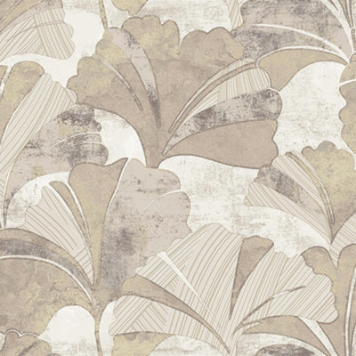 Galerie Stratum Collection Metallic Cream/Beige Ginko Leaf Double Width Wallpaper Roll