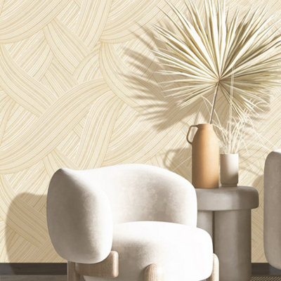 Galerie Stratum Collection Metallic Cream Geometric Swirl Lines Double Width Wallpaper Roll