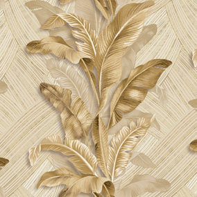 Galerie Stratum Collection Metallic Gold/Beige Palma Leaf Double Width Wallpaper Roll