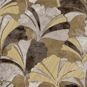 Galerie Stratum Collection Metallic Gold/Brown/Grey Ginko Leaf Double Width Wallpaper Roll