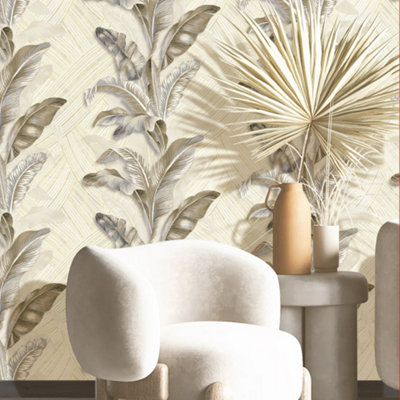 Galerie Stratum Collection Metallic Grey/Cream/Beige Palma Leaf Double Width Wallpaper Roll