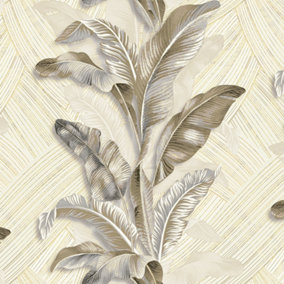 Galerie Stratum Collection Metallic Grey/Cream/Beige Palma Leaf Double Width Wallpaper Roll