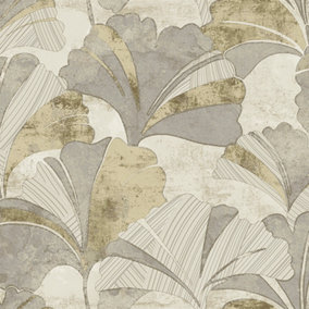 Galerie Stratum Collection Metallic Grey/Gold/Cream Ginko Leaf Double Width Wallpaper Roll