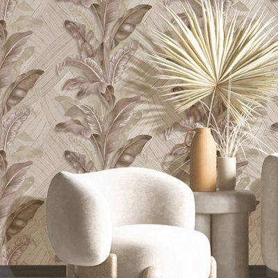 Galerie Stratum Collection Metallic Pink/Beige Palma Leaf Double Width Wallpaper Roll