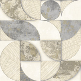 Galerie Stratum Collection Metallic Silver/Cream/Beige Geometric Circle Double Width Wallpaper Roll