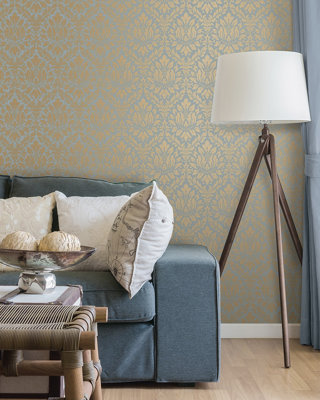 Galerie Stripes And Damask 2 Yellow Gold Stitched Damask Smooth Wallpaper