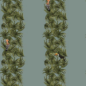 Galerie Ted Baker Eden Blue/Green/Orange Compala Bird and Leaf Stripe Wallpaper Roll