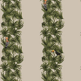 Galerie Ted Baker Eden Green/Taupe Compala Bird and Leaf Stripe Wallpaper Roll