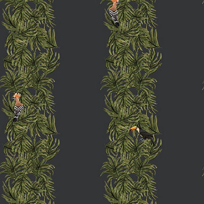 Galerie Ted Baker Eden Navy/Green Compala Bird and Leaf Stripe Wallpaper Roll