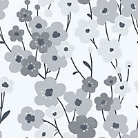Galerie Tempo grey white pearlescent poppy floral abstract smooth wallpaper