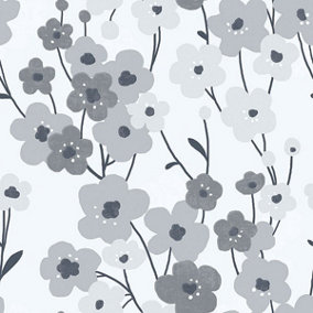 Galerie Tempo grey white pearlescent poppy floral abstract smooth wallpaper