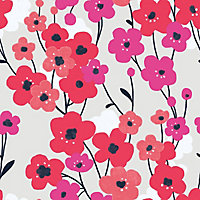 Galerie Tempo red pink grey poppy floral abstract smooth wallpaper