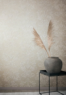 Galerie The New Design Book Beige/Silver Embossed Damask Glitter Wallpaper Roll