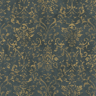 Galerie The New Design Book Metallic Black/Gold Ornamental Mottled Damask Wallpaper Roll