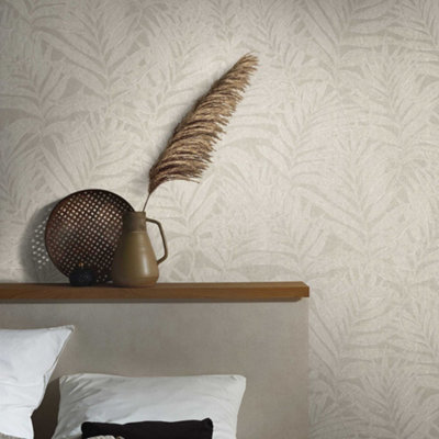 Galerie The New Design Book White/Greige Glitter Botanical Palm Leaf Design Wallpaper Roll