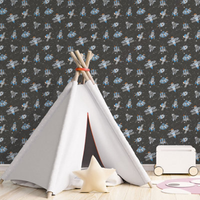 Galerie Tiny Tots 2 Black Blue Orange Glitter Spaceships Smooth Wallpaper