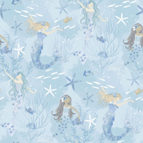 Galerie Tiny Tots 2 Blues Purple Glitter Mermaids Smooth Wallpaper