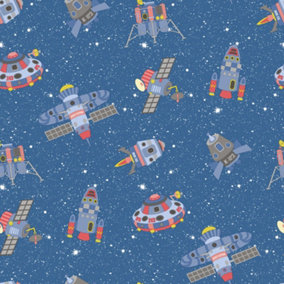Galerie Tiny Tots 2 Cobalt Primary Glitter Spaceships Smooth Wallpaper