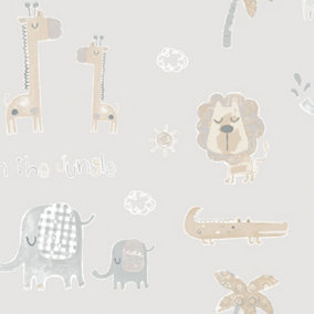 Galerie Tiny Tots 2 Greige Tan Jungle Friends Smooth Wallpaper