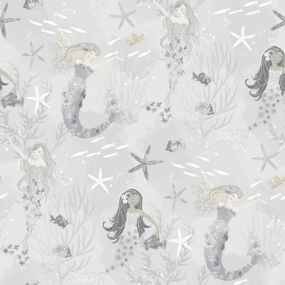 Galerie Tiny Tots 2 Grey Silver Glitter Mermaids Smooth A4 Wallpaper Sample