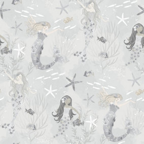 Galerie Tiny Tots 2 Grey Silver Glitter Mermaids Smooth Wallpaper