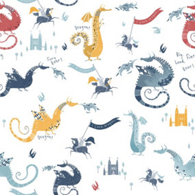 Galerie Tiny Tots 2 Navy Red Yellow Blue Dragons Smooth Wallpaper