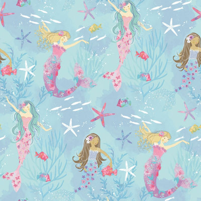 Galerie Tiny Tots 2 Turquoise Hot Pink Glitter Mermaids Smooth Wallpaper