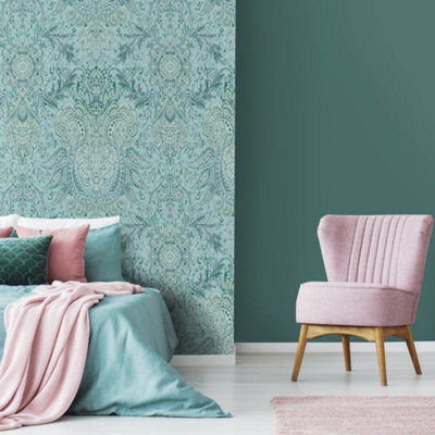 Galerie Tropical Collection Blue Banana Tahiti Inspired Damask Wallpaper Roll