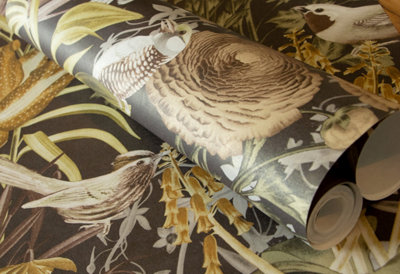 Galerie Tropical Collection Walnut Mo'orea Inspired Flowers And Birds Wallpaper Roll