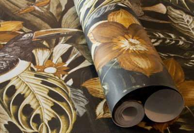 Galerie Tropical Collection Walnut Palau Floral Fish And Bird Inspired Wallpaper Roll