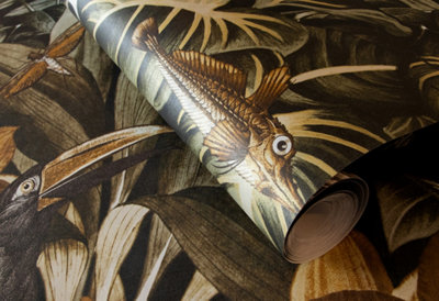 Galerie Tropical Collection Walnut Palau Floral Fish And Bird Inspired Wallpaper Roll