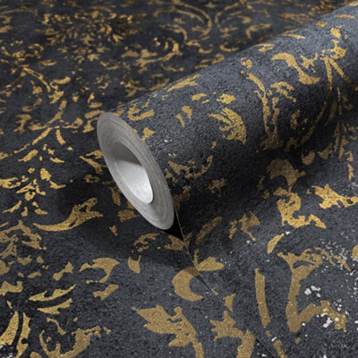 Galerie Urban Textures Metallic Black/Gold Ornamental Mottled Damask Wallpaper Roll