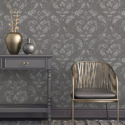 Galerie Utopia Silver/Grey Traditional Damask Sheen Finish Wallpaper Roll