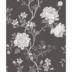 Galerie Vintage Roses Black Silver Grey White Magnolia Smooth Wallpaper